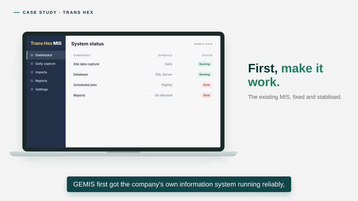 Still from the Trans Hex Group case study video: the existing information system stabilised first.